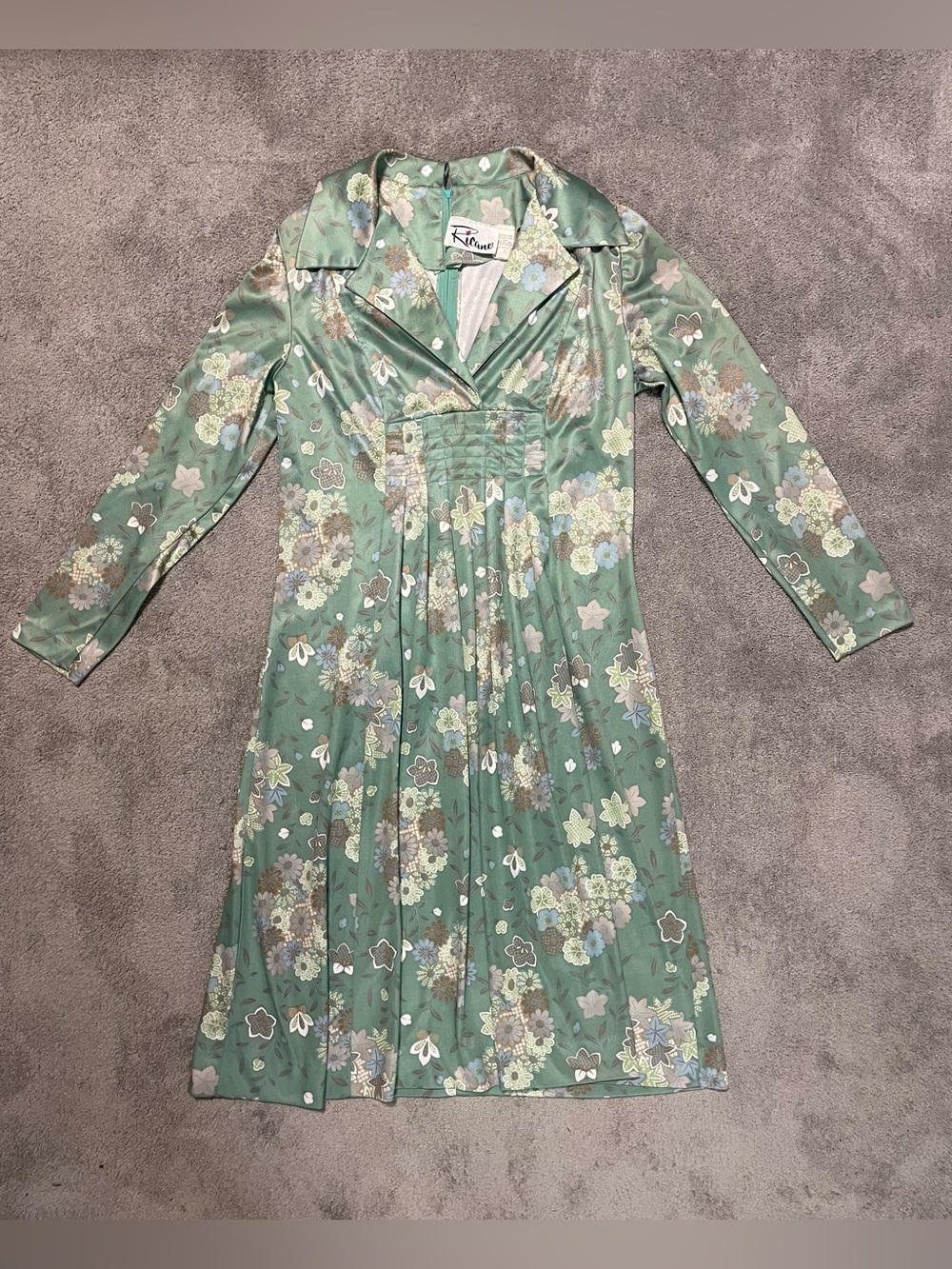 Vintage 60s 70s Ricano Empire Waist Mod Dress Green Floral Hippie GoGo Modern S